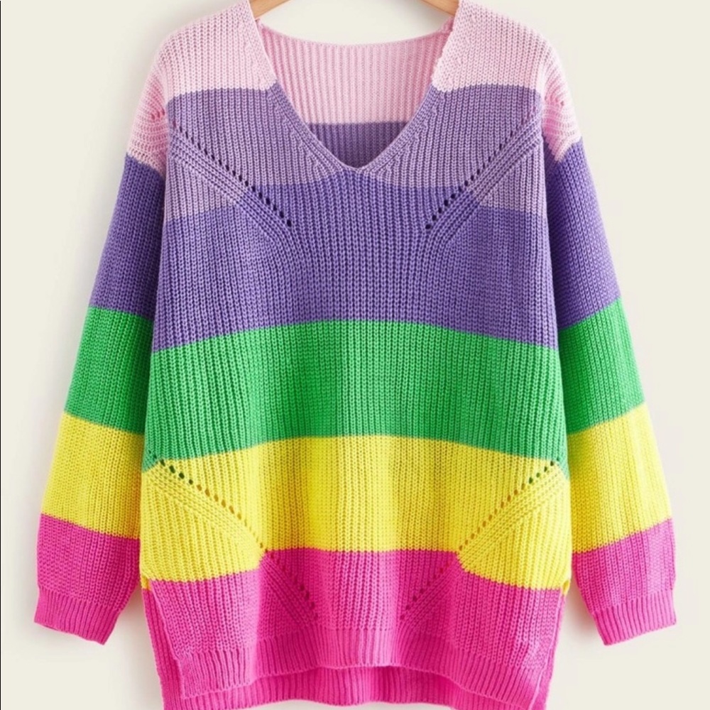 PLUS RAINBOW STRIPED HOLLOW OUT SWEATER